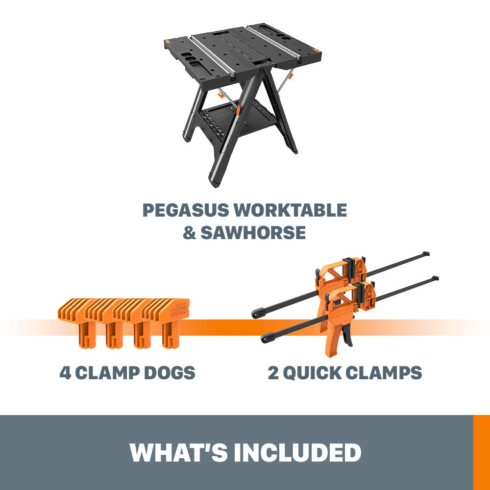 Worx Pegasus Multi Function Work Table And Sawhorse With Quick Clamps And Holding Pegs Wx051 The Home Depot