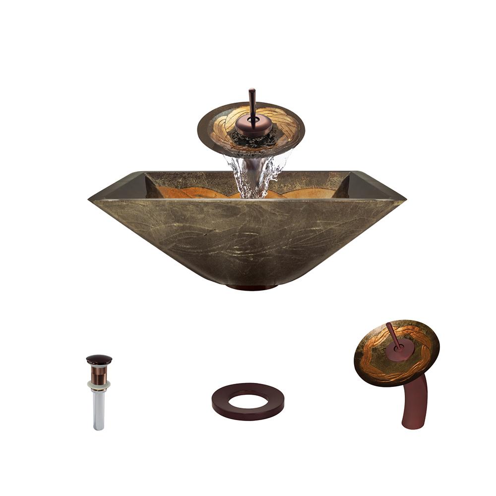 Rene By Elkay Gl Vessel Sink In Metallic Green And Gold With Gl Vessel Sink In Gold And Green Foil Undertone With Waterfall Faucet Pop Up