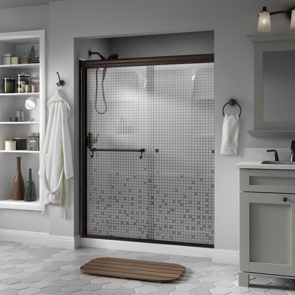 Delta Portman 60 in. x 70 in. Semi-Frameless Traditional Sliding Shower Door in Bronze with Mozaic Glass was $460.0 now $369.0 (20.0% off)