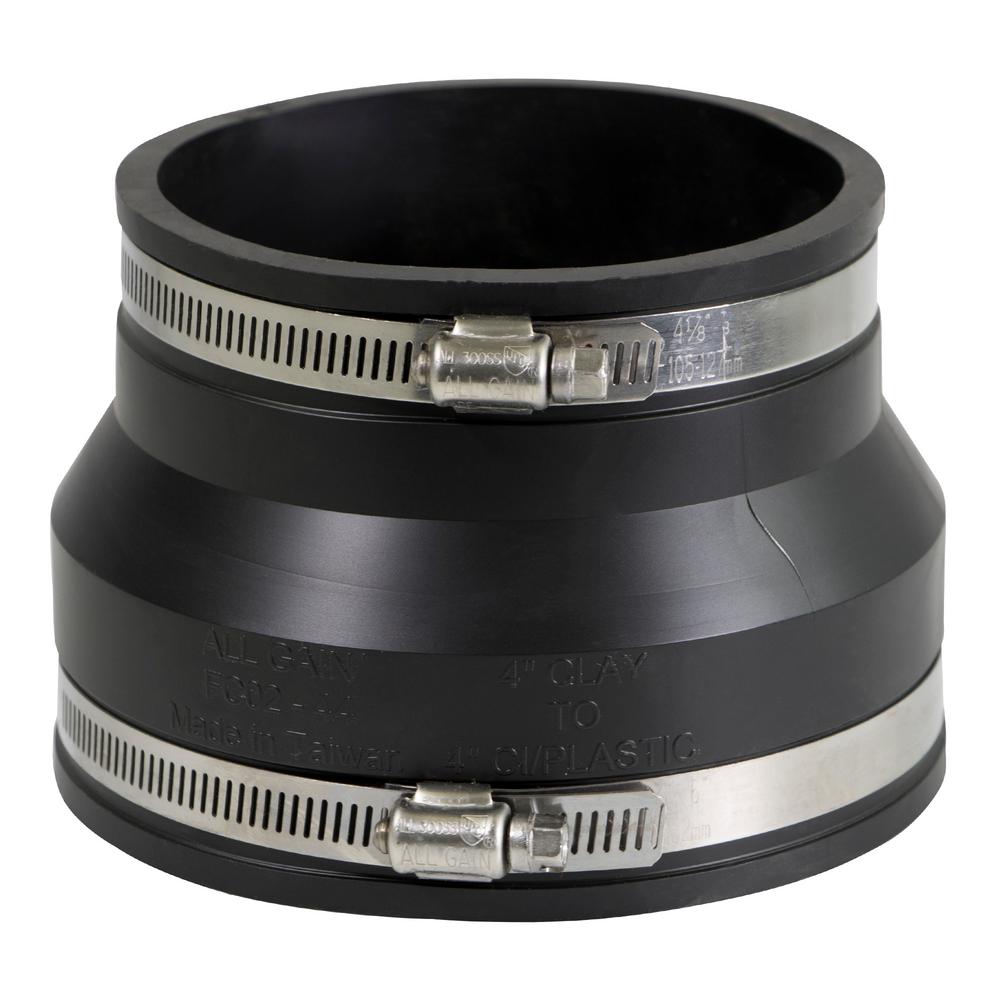 The Plumber's Choice 4 in. x 4 in. Clay to Cast Iron PVC Flexible Coupling with Stainless Steel