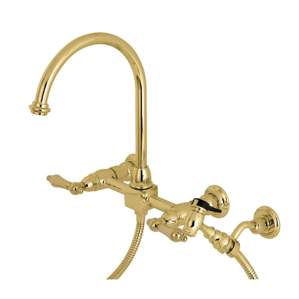 Kingston Brass Restoration 2 Handle Wall Mount Standard Kitchen Faucet With Side Sprayer In Polished