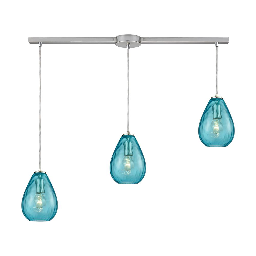 Titan Lighting Lagoon 3 Light Linear Bar In Satin Nickel With Aqua Titan Lighting Lagoon 3 Light Linear Bar In Satin Nickel With Aqua Water Glass Pendant