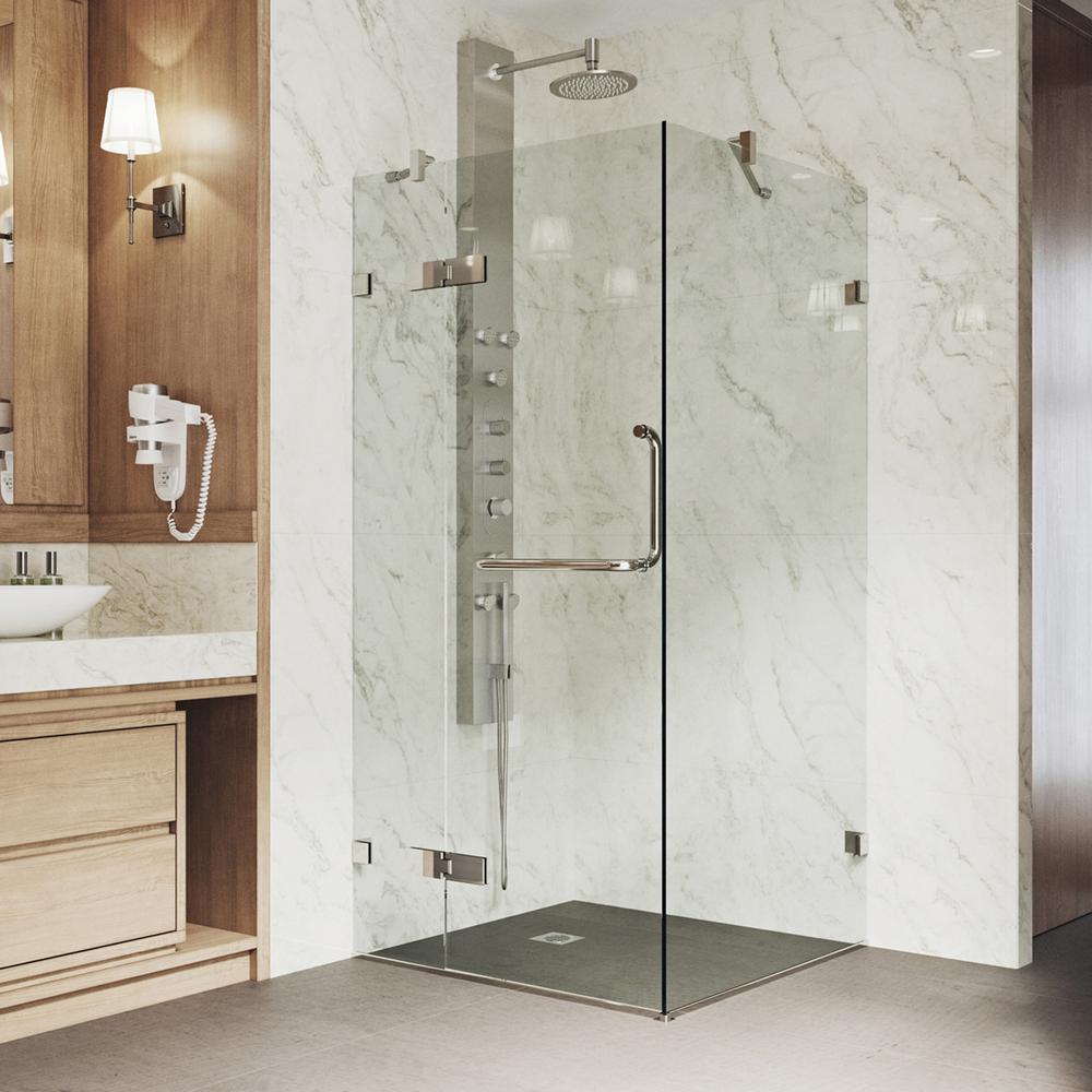 VIGO Monteray 30.25 in. x 73.375 in. Frameless Corner Hinged Shower Enclosure in Brushed Nickel with Clear Glass