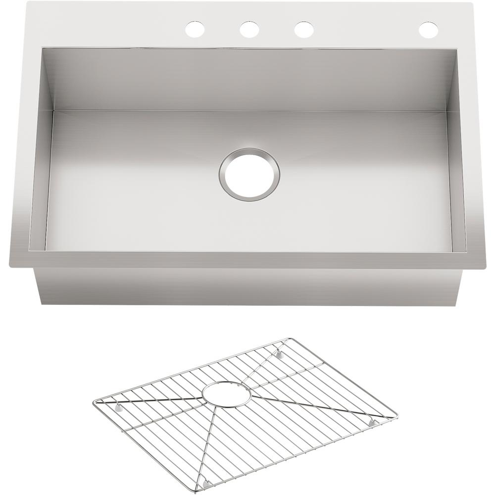 KOHLER Vault Dual Mount Stainless Steel 33 In 4 Hole Single Bowl Kitchen Sink With Basin Rack K 3821 4 NA The Home Depot