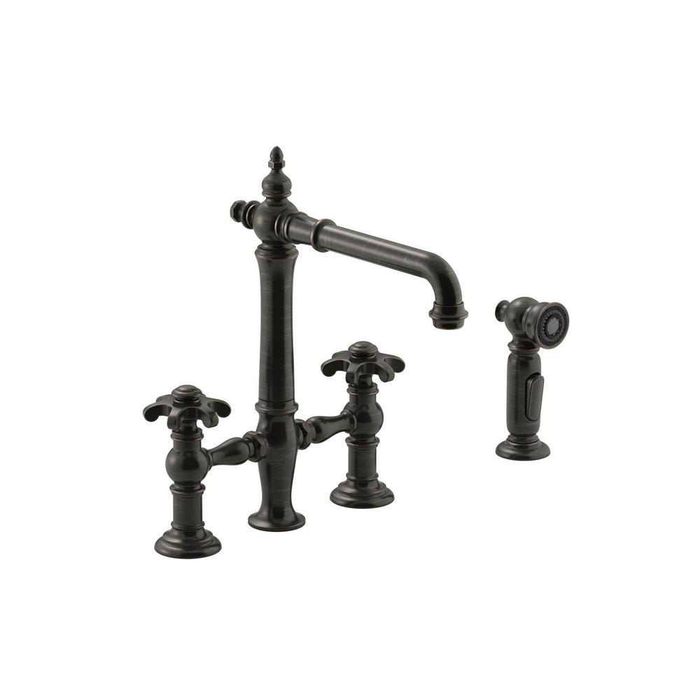 Kohler Artifacts 2 Handle Bridge Kitchen Faucet With G Handles And Side Spray In Oil Rubbed Bronze