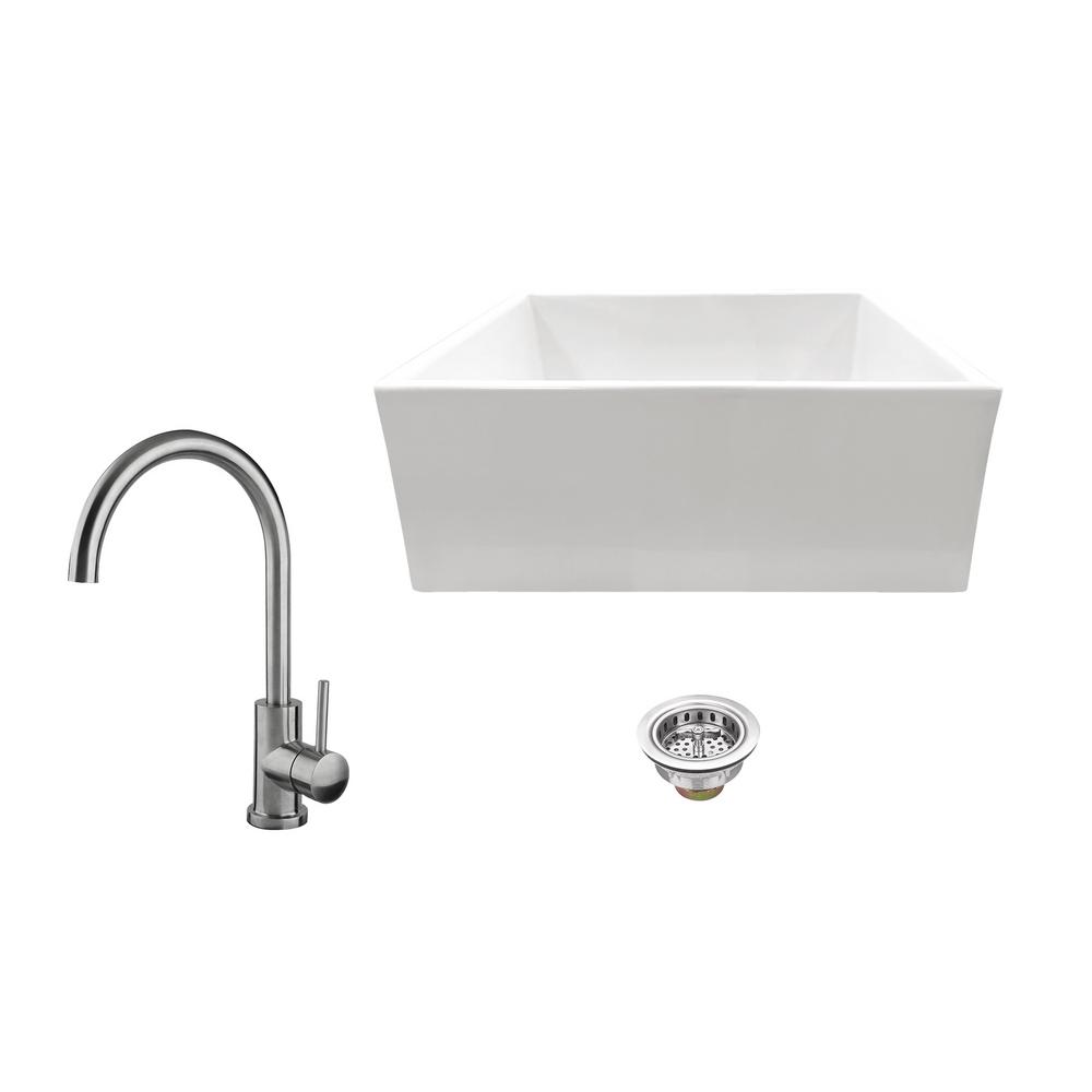 Ipt Sink Company All In One A Front Fireclay 24 Single Bowl Kitchen With Faucet And Strainer White