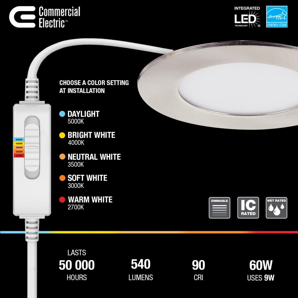 Commercial Electric Ultra Slim 4 In Color Selectable New Construction And Remodel Canless Recessed Integrated Led Kit Nickel 91471 The Home Depot