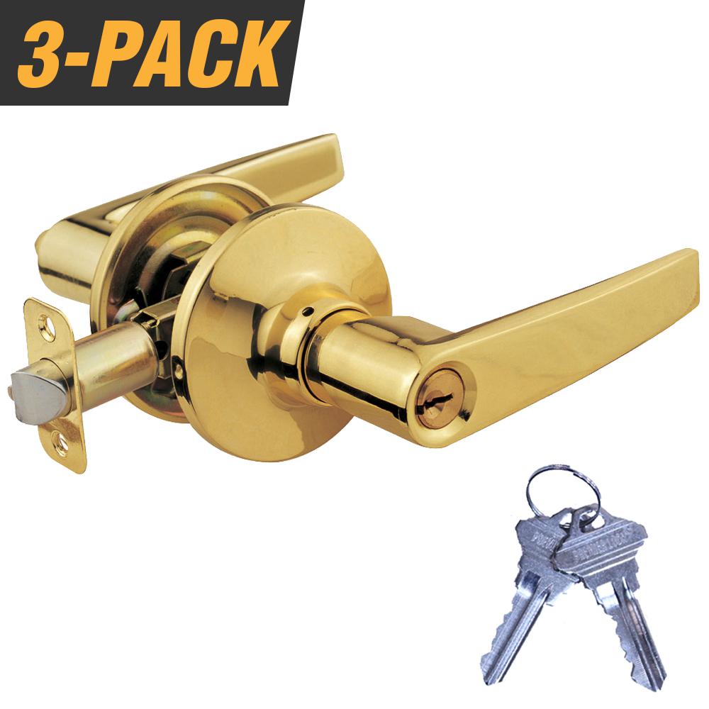 Grip Tight Tools Brass Plated Light Commercial Duty Entry Door Lever Lock Set with 6 Keys Total