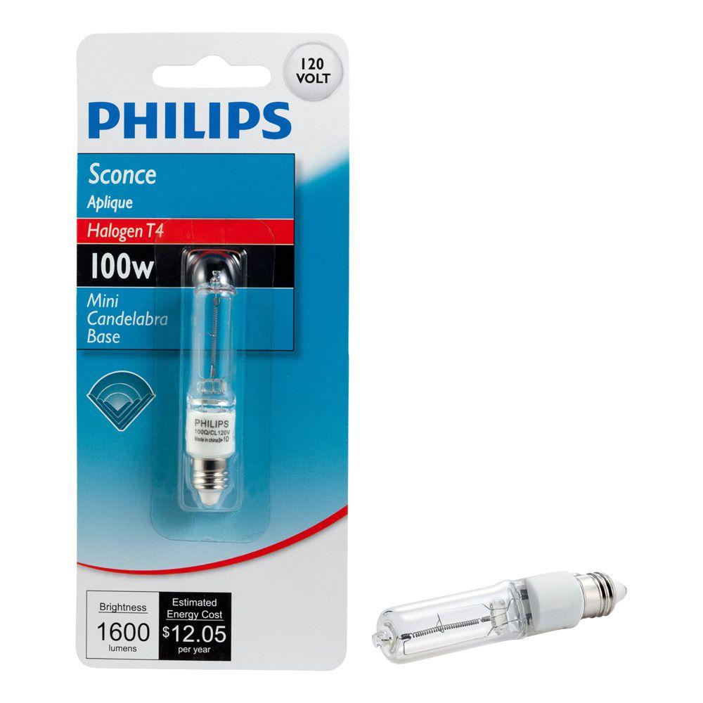 Philips 100 Watt T4 Halogen Mini Candelabra Base Sconce Dimmable