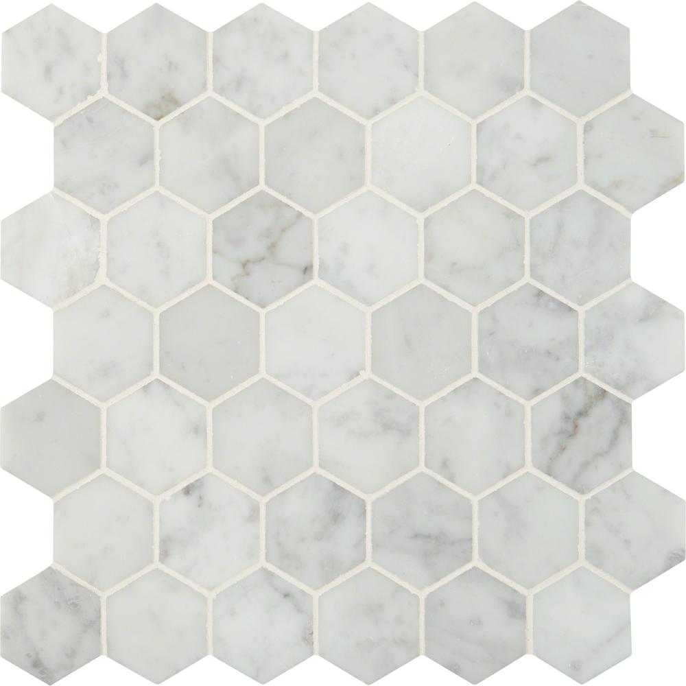 Carrara White 1 Hexagon Marble Mosaic, Carrara Hexagon Floor Tile