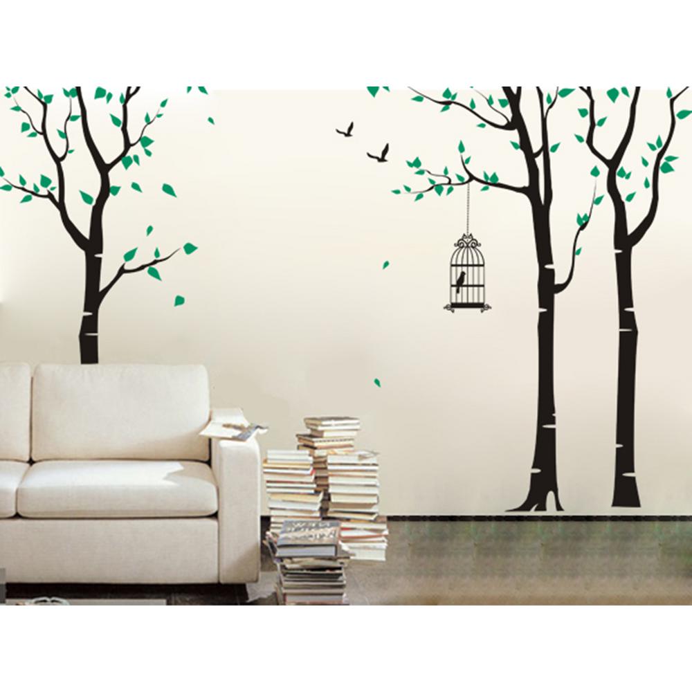 143 In X 102 Three Birch Trees And Birdcage Removable Wall Decal