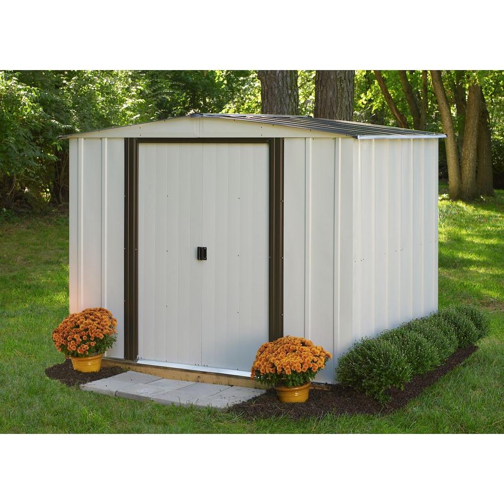 Newport 8 ft. W x 6 ft. D 2-Tone Eggshell and Coffee Galvanized Metal Shed with Sliding Lockable Doors