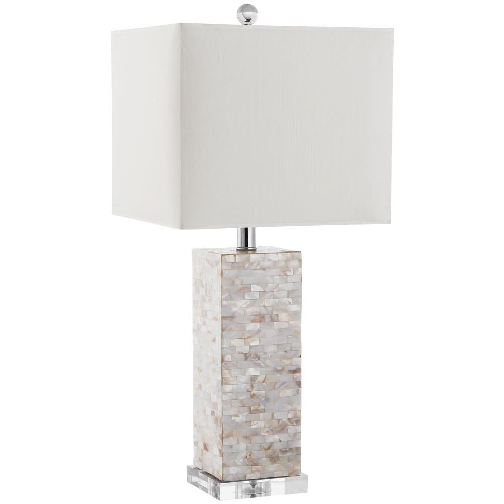 silver table lamp with white shade