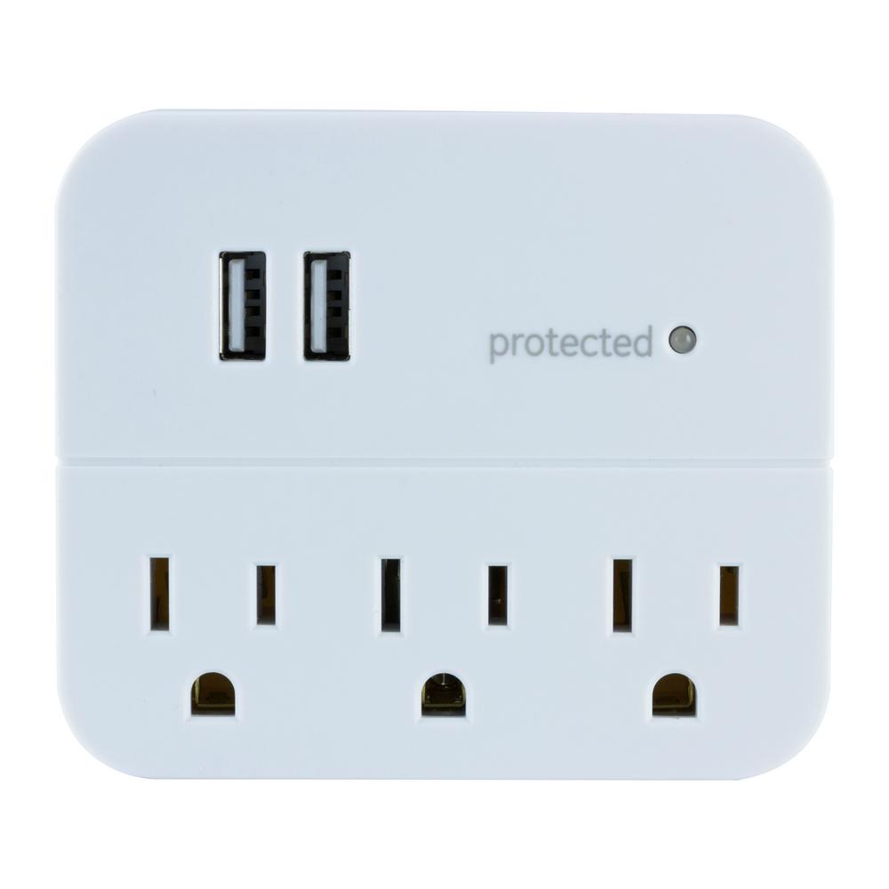6 Protected Outlets Wall Surge Protector Multi Plug Outlet Wall Tap 2 USB Ports