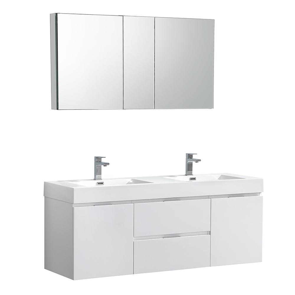 Fresca Valencia 60 In W Wall Hung Vanity White With Acrylic Double Top Basin Medicine Cabinet