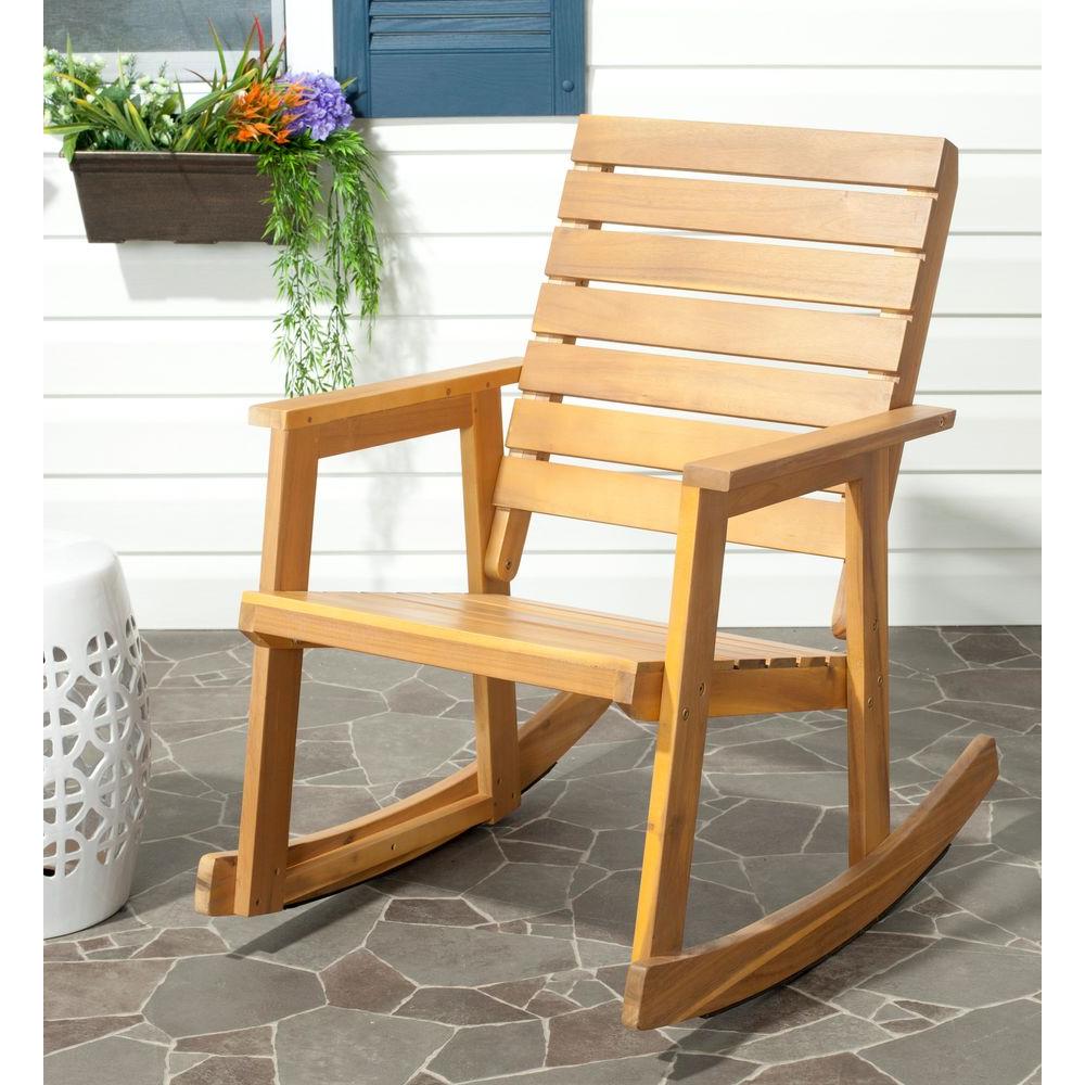 Safavieh Vernon Teak Brown Outdoor Patio Rocking Chair With Yellow Alexei Natural Brown Acacia Wood Patio Rocking Chair
