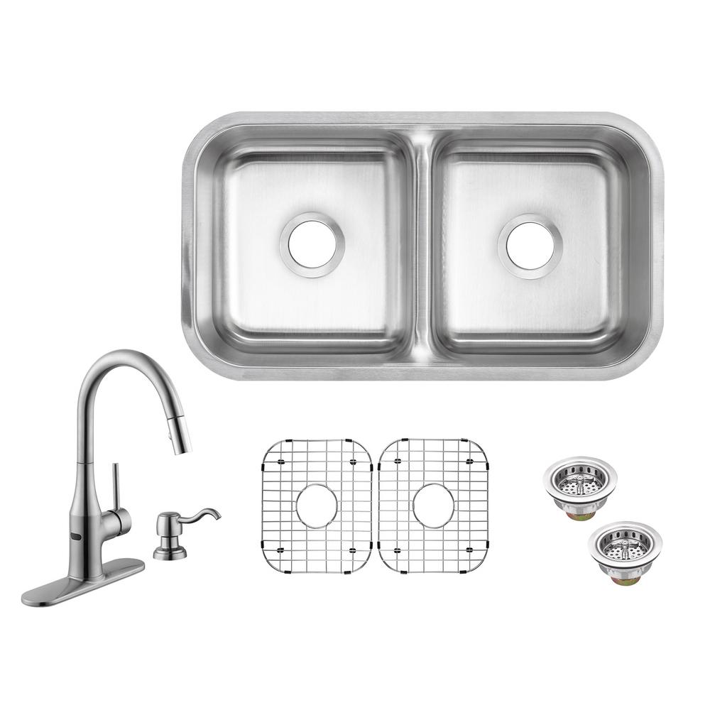 Glacier Bay All In One Undermount 18 Gauge Stainless Steel 32 In Low Divider Double Bowl Kitchen Sink With Kitchen Faucet
