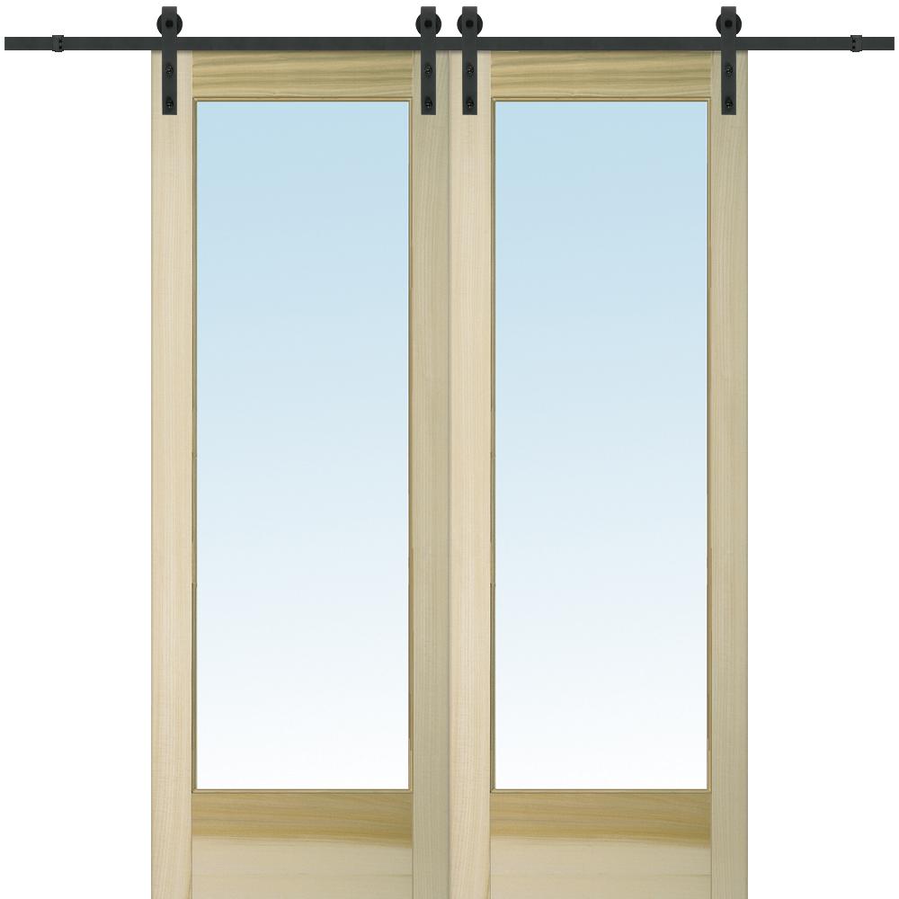 Mmi Door 60 In X 96 In Clear 1 Lite Unfinished Poplar Double Sliding Barn Door With Hardware Kit