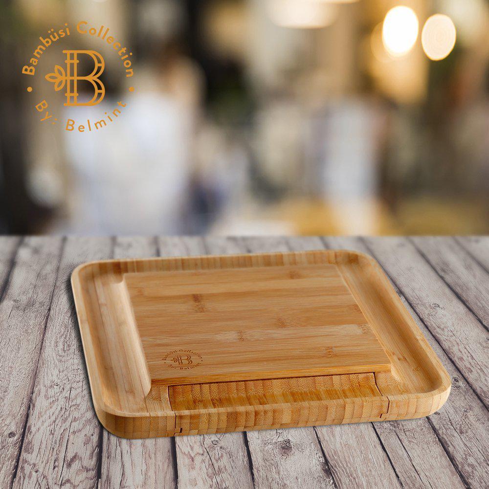 Bambusi 100 Natural Bamboo Cheese Board Cutlery Set With Slide