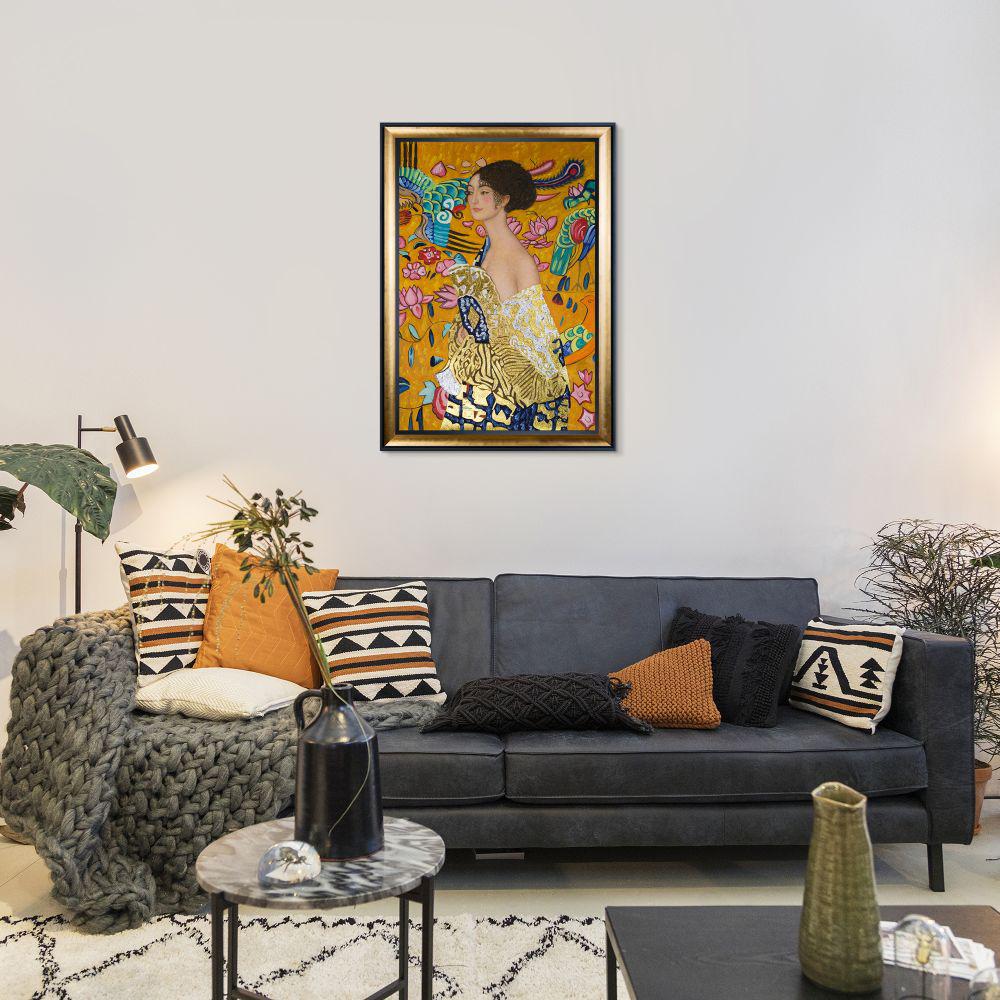 LA PASTICHE 42 in. x 30 in. Signora con Ventaglio with Gold and Black Stacked Frame by Gustav Klimt Framed Wall Art, Multi-Colored was $1546.0 now $727.34 (53.0% off)