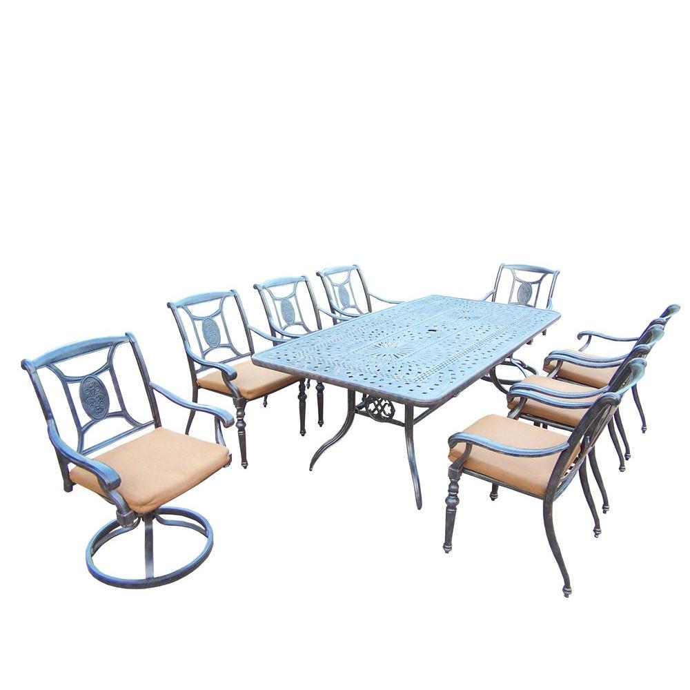 Oakland Living 9 Piece Rectangular Cast Aluminum Patio Dining Set 9 Piece Rectangular Cast Aluminum Patio Dining Set With Sunbrella Canvas Teak Cushions