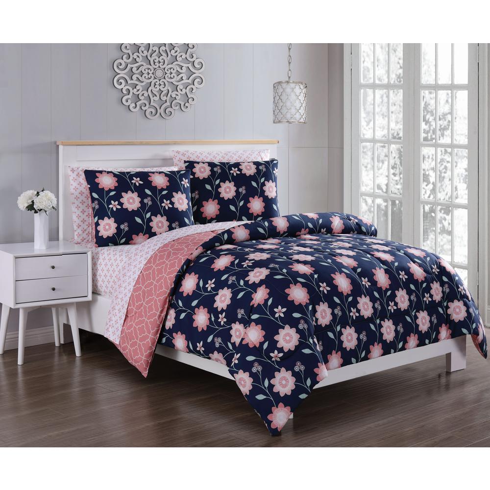 Britt 7 Piece Navy Coral Queen Bed In A Bag Set Bit7bbfuqughnc