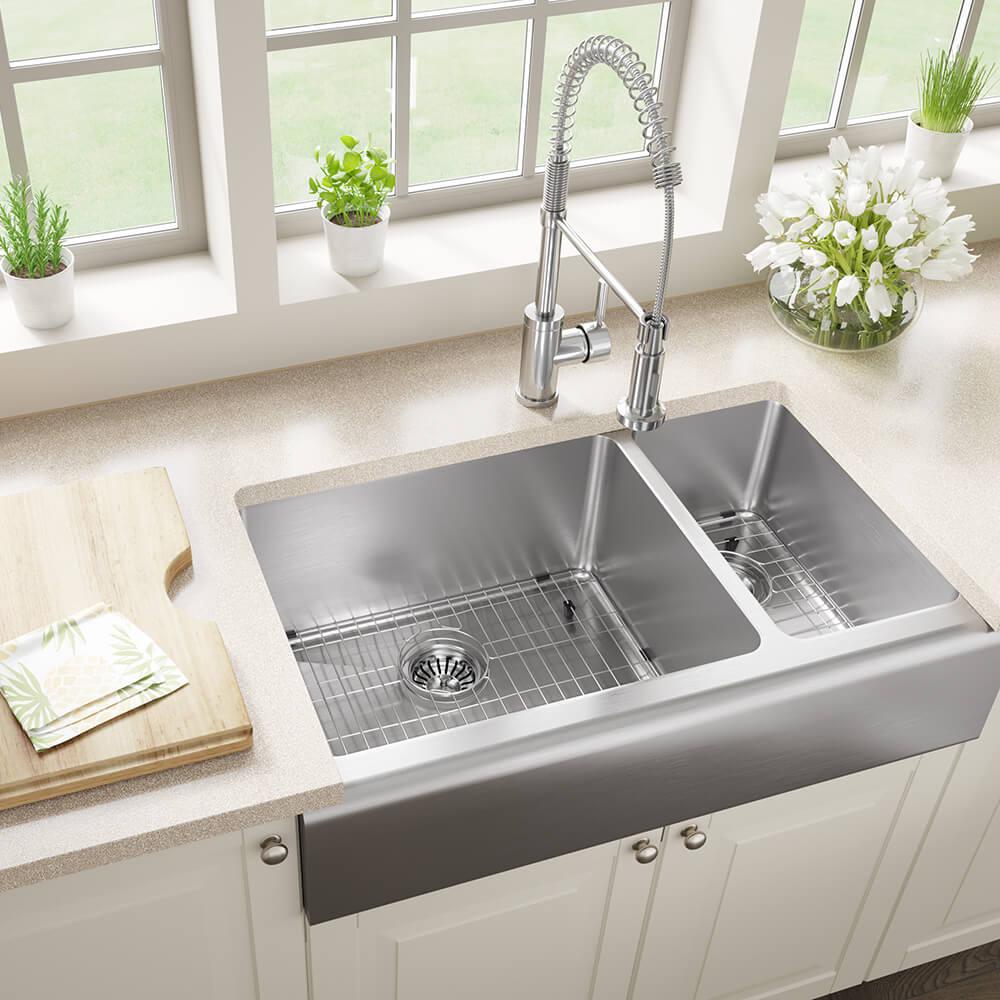 MR Direct Stainless Steel 32-3/4 in. 70/30 Double Bowl Farmhouse Apron Best Stainless Steel Farmhouse Kitchen Sinks