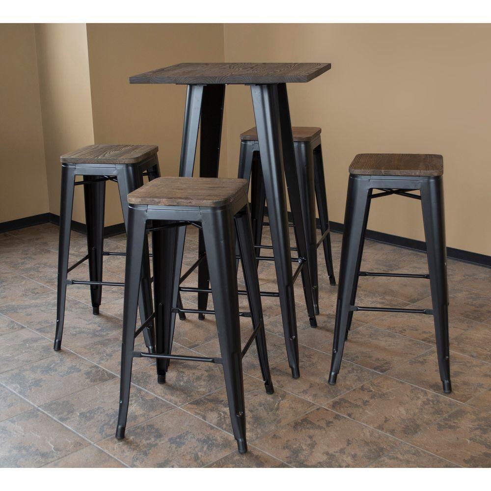 Amerihome Loft Style Black Metal Bar Set Table And Stools With Dark Loft Style Black Metal Bar Set Table And Stools With Dark Elm Wood Top 5 Piece