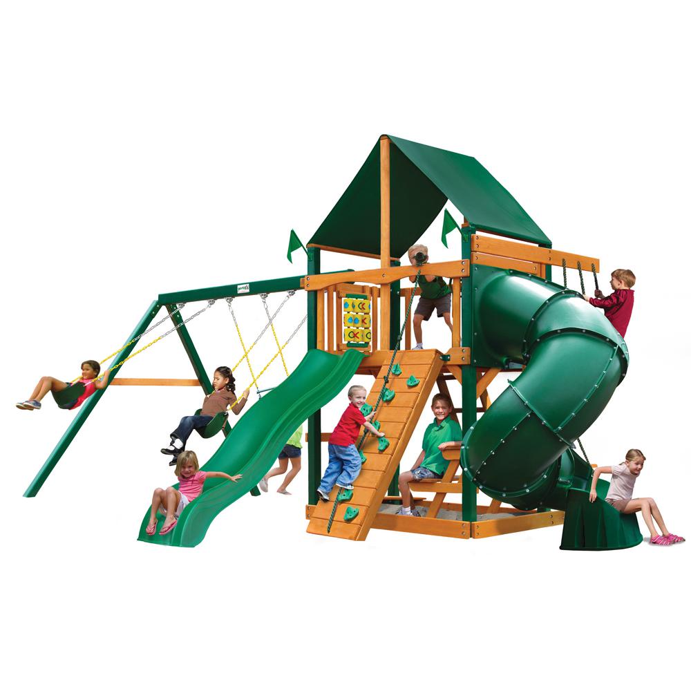 Gorilla Playsets Mountaineer Wooden Swing Set With Sunbrella Canvas Canopy Timber Shield Posts And 2 Slides