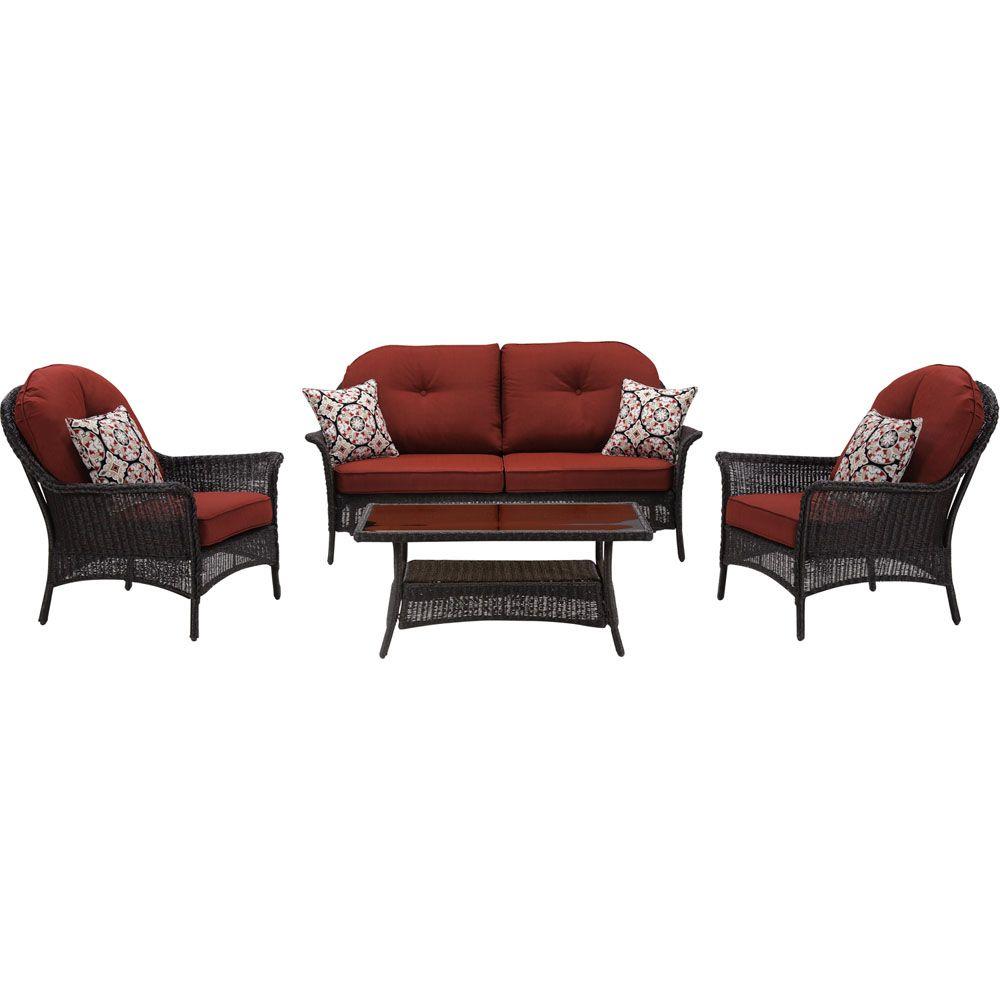 Hanover San Marino 4 Piece All Weather Wicker Patio Seating Set With Hanover San Marino 4 Piece All Weather Wicker Patio Seating Set With Crimson Red