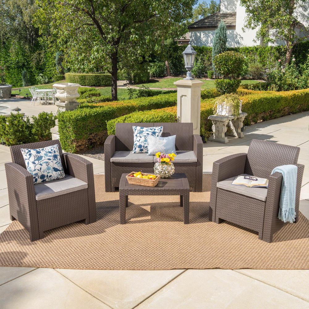 Noble House 4-Piece Faux Wicker Patio Conversation Set with Mixed Beige ...