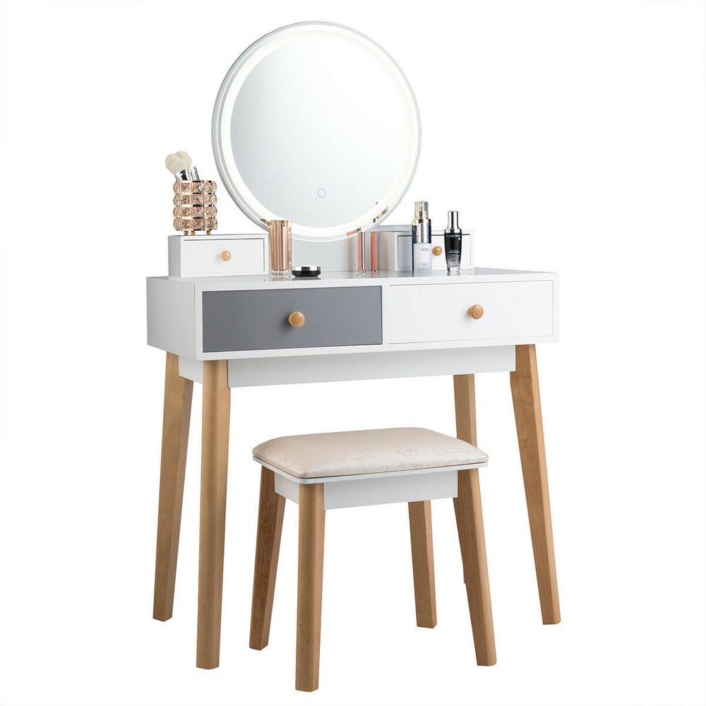 2 Piece Vanity Table Set 3 Color Lighting Modes Makeup Stool Jewelry Divider White Grey 2 Piece Vanity Table Set 3 Color Lighting Modes Makeup Stool Jewelry Divider White Grey