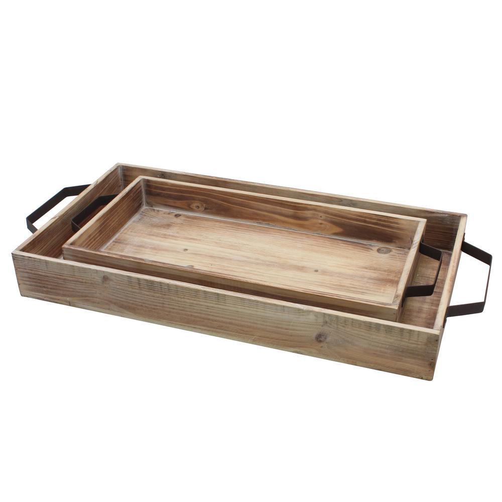 Stonebriar Collection Brown Wood Serving Tray Set With Metal