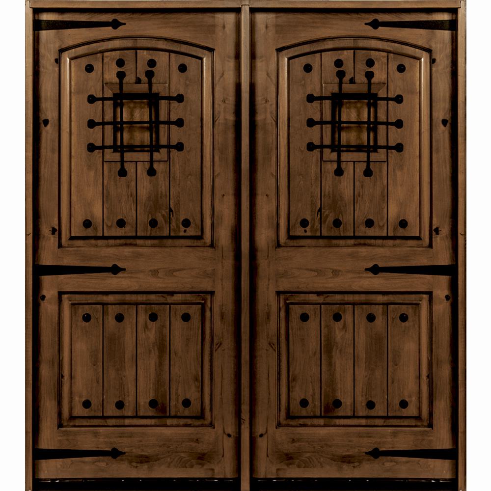 doors exterior double mediterranean door krosswood wood stain prehung knotty alder 002v phed m2 ra ka pr mahogany provincial arch