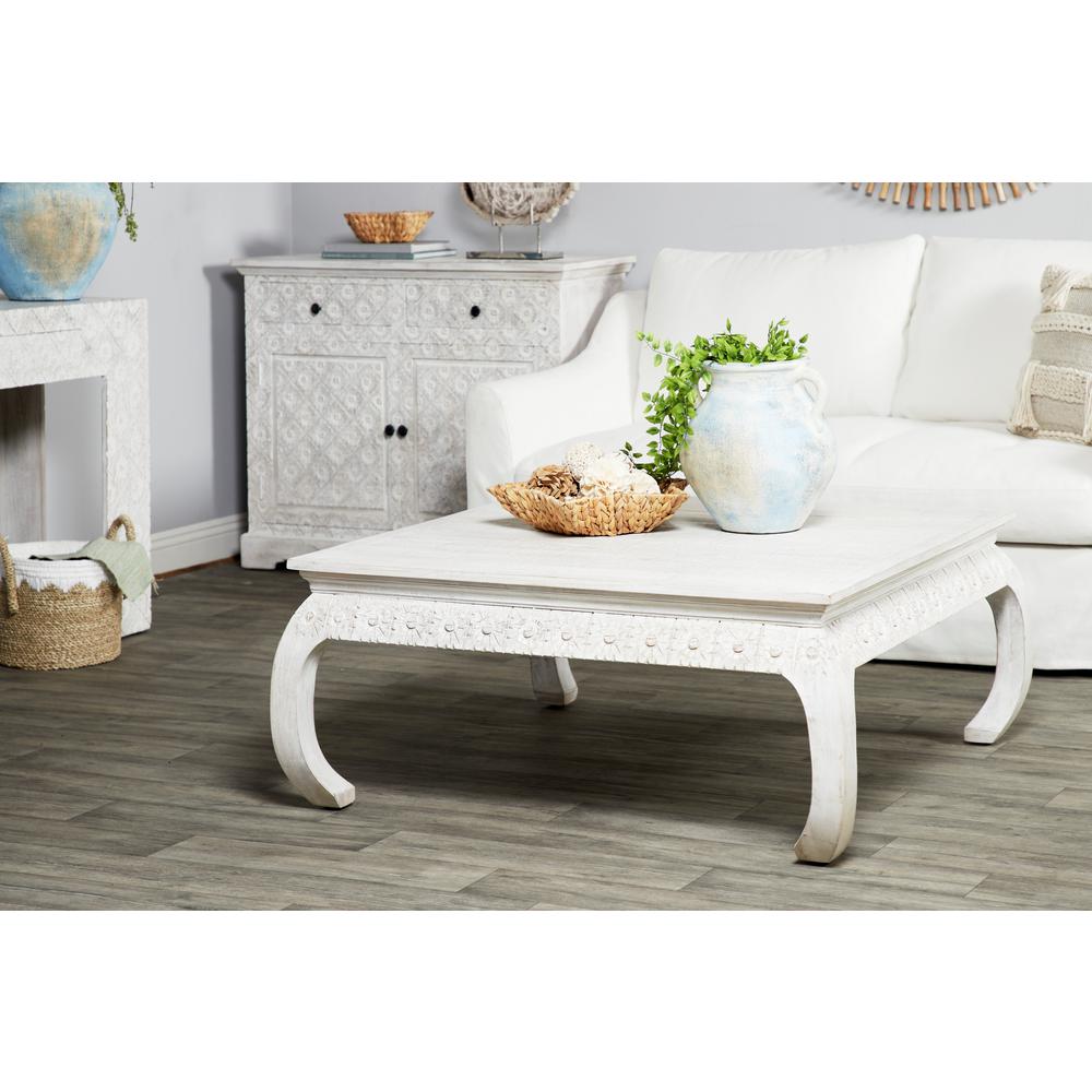 Square Whitewashed Hand Carved Mango Wood Coffee Table