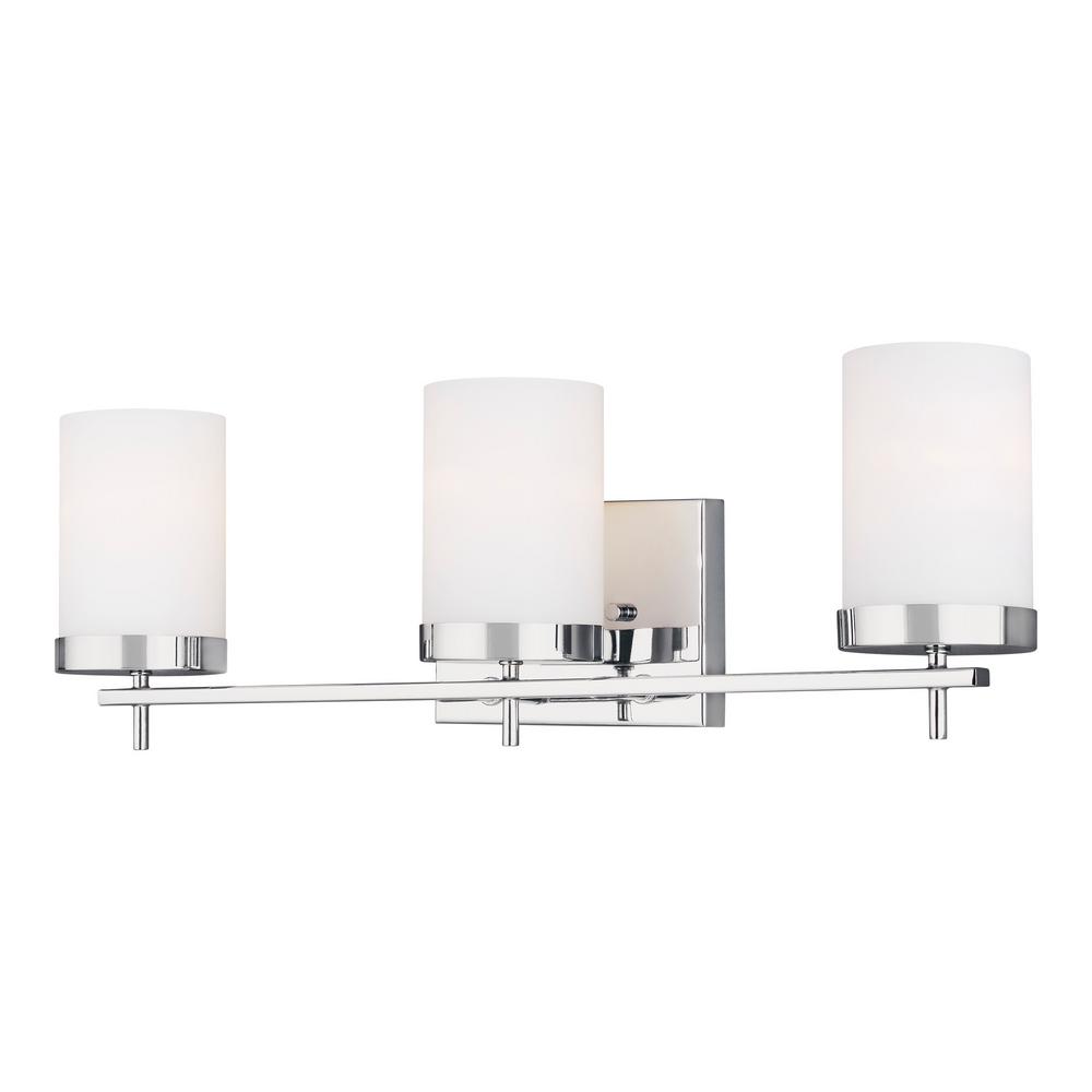 Sea Gull Lighting Zire 24 In W 3 Light Chrome Vanity Light With Etched White Glass Shades With Led Bulbs 4490303en3 05 The Home Depot