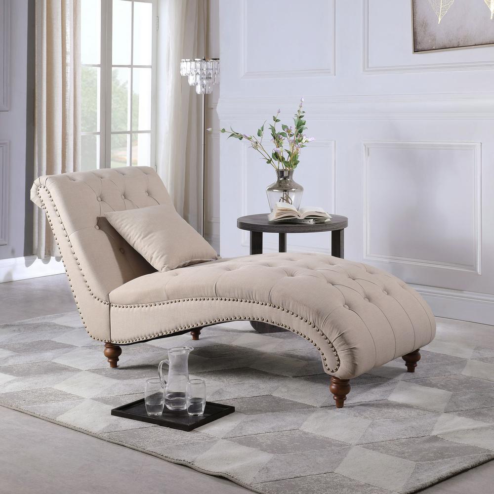 Beige- Fabric OKAKOPA Indoor Chaise Lounge Chair Tufted Cushion Nailhead Trim Fabric with Pillow for Living Room Bedroom Wooden Frame