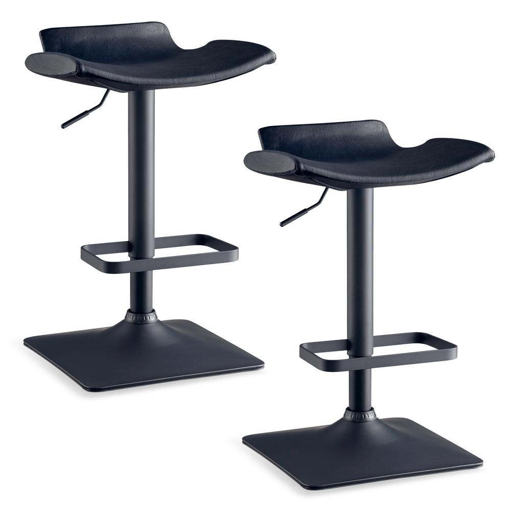 Leick Home 34 In Favorite Finds Matte Black Steel Base Adjustable Height Swivel Stool With Black Leather Look Pvc Seat Set Of 2 10138bl The Home Depot