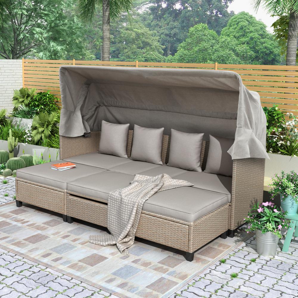 Nestfair Brown 4 Piece Uv Proof Resin Wicker Patio Sofa Set With Retractable Canopy And Gray Cushions Lsh000121aae The Home Depot