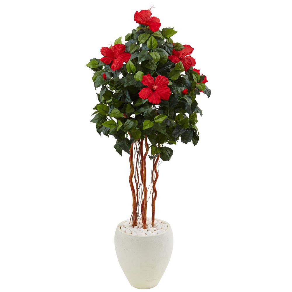 Nearly Natural Indoor Hibiscus Artificial Tree in White Oval Vase5998