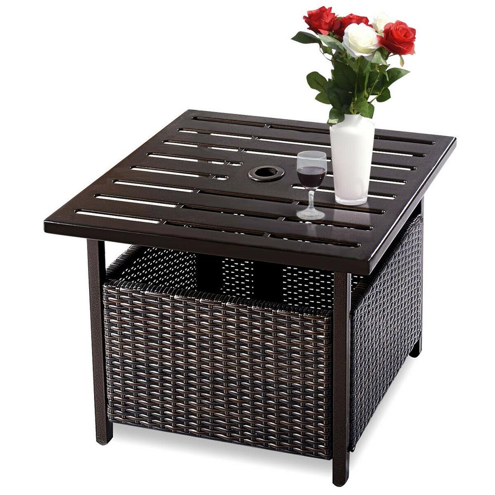 Costway Brown Rattan Wicker Steel Outdoor Side Table Furniture Deck Garden Patio Pool Hw52881 The Home Depot - Brown Wicker Outdoor Side Table With Umbrella Hole Costway Brown Rattan Wicker Steel Outdoor Side Table Furniture Deck Garden Patio Pool Hw52881 The Home Depot - Brown Wicker Outdoor Side Table With Umbrella Hole