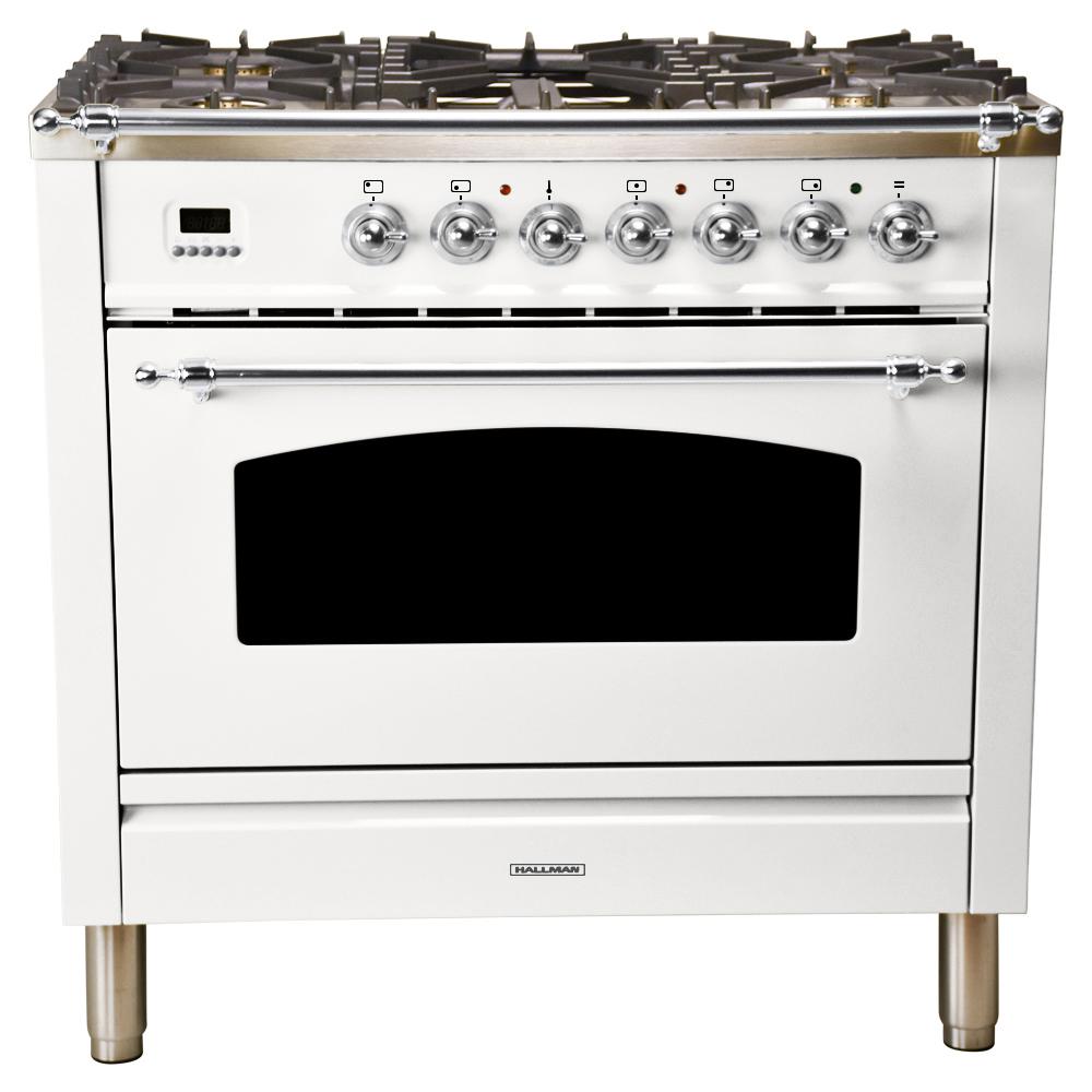 36 in. 3.55 cu. ft. Single Oven Italian Gas Range with True Convection, 5 Burners, Griddle, Chrome Trim in White