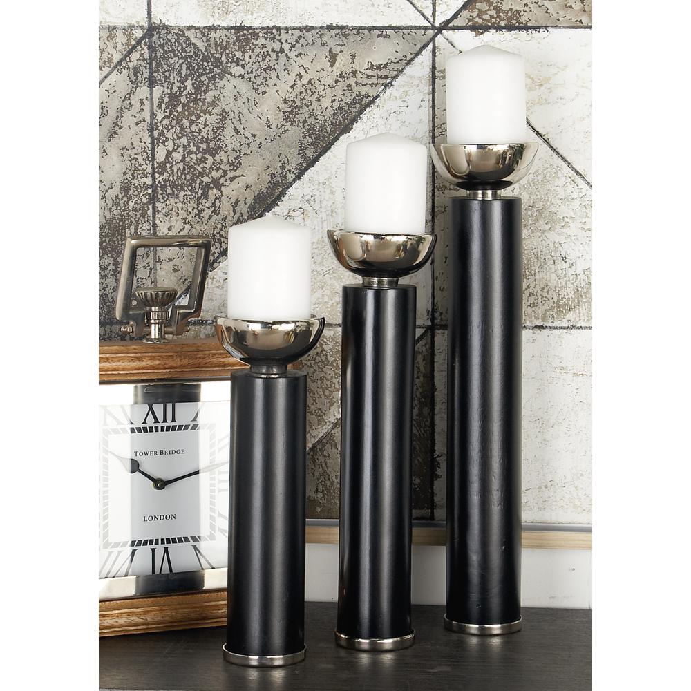 Litton Lane Polished Black Wood And Silver Aluminum Round Candle Litton Lane Polished Black Wood And Silver Aluminum Round Candle Holders With Cup Shaped Bobeche Set Of 3 51222 The Home Depot