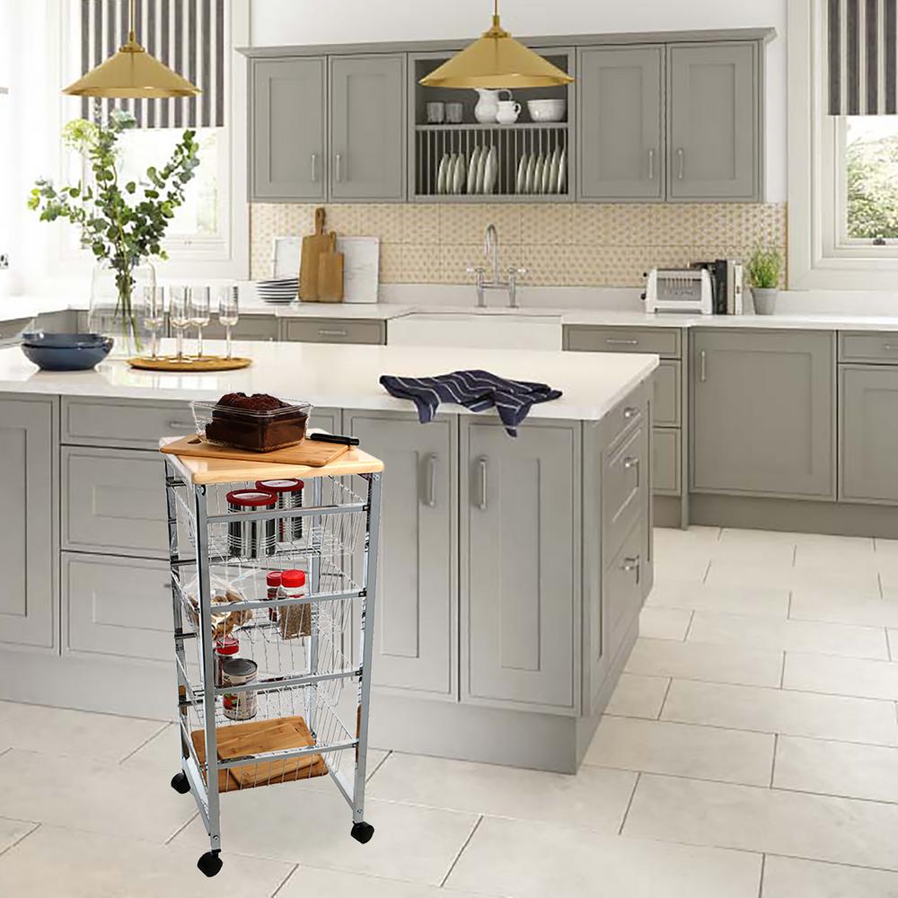 Mind Reader 4 Tier Silver Wire Basket Utility Cart With Wood Surface Mind Reader 4 Tier Silver Wire Basket Utility Cart With Wood Surface