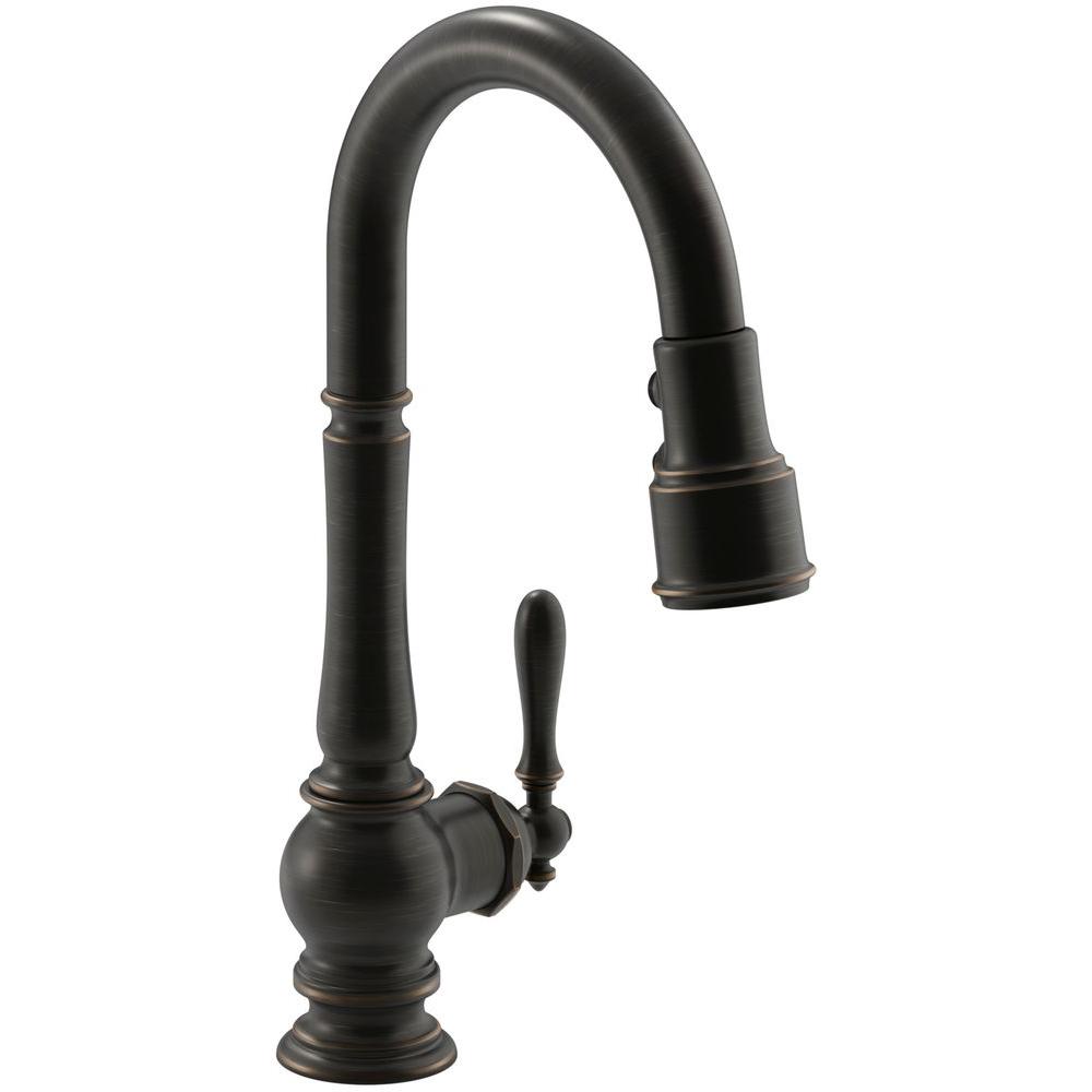 Kohler Artifacts Single Handle Pull Down Sprayer Kitchen Faucet In Oil Rubbed Bronze K 99260 2bz The Home Depot