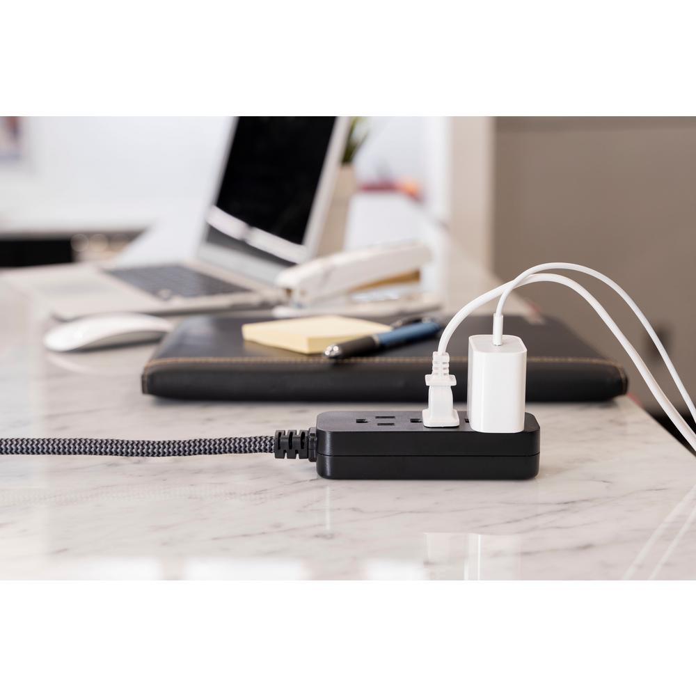 Designer Power Strip GE 3 Grounded Outlets, Black 6 Inch Braided Extension