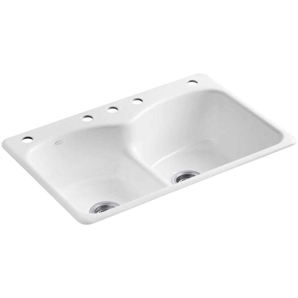 Kohler Langlade Smart Divide Drop In Cast Iron 33 In 5 Hole Double Basin Kitchen Sink In White