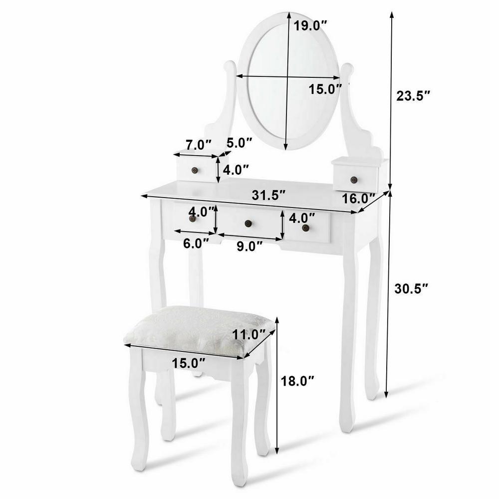 Costway 2 Piece White Makeup Desk Vanity Dressing Table Set With