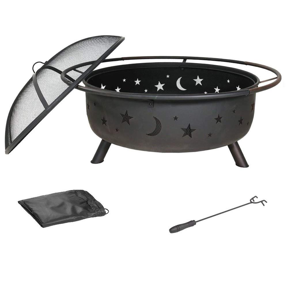 Homeroots 30 In Round Metal Fire Pit With Charcoal Grill Cover