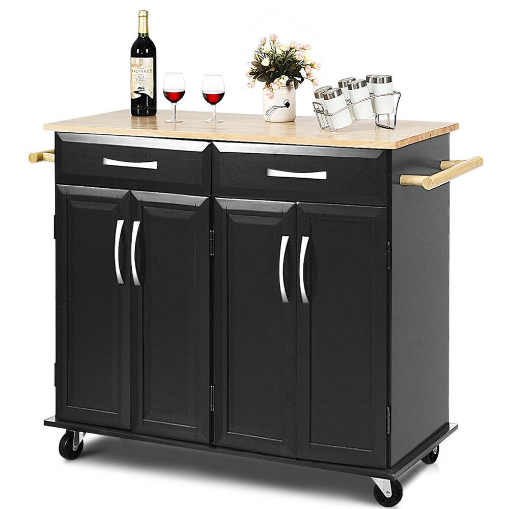 Costway Black Kitchen Cart With Natural Wood Top And Cabinet Storage Hw60456bk The Home Depot